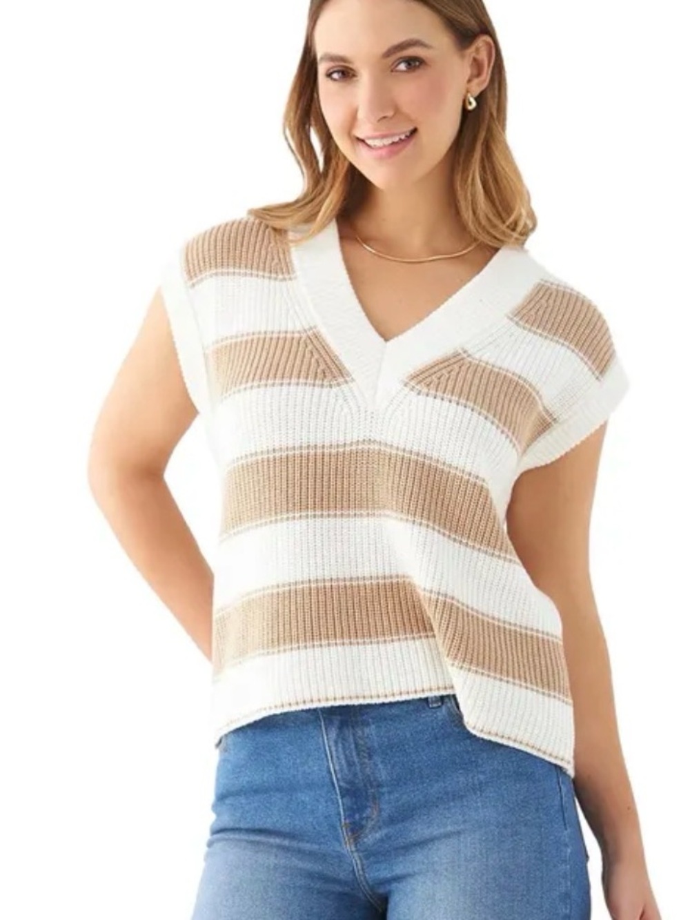 Cream and Tan Striped V-Neck Sweater
